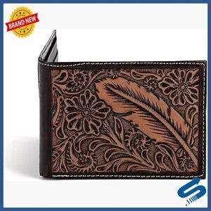 Genuine Leather Bifold Wallet with Feather Embossed Design